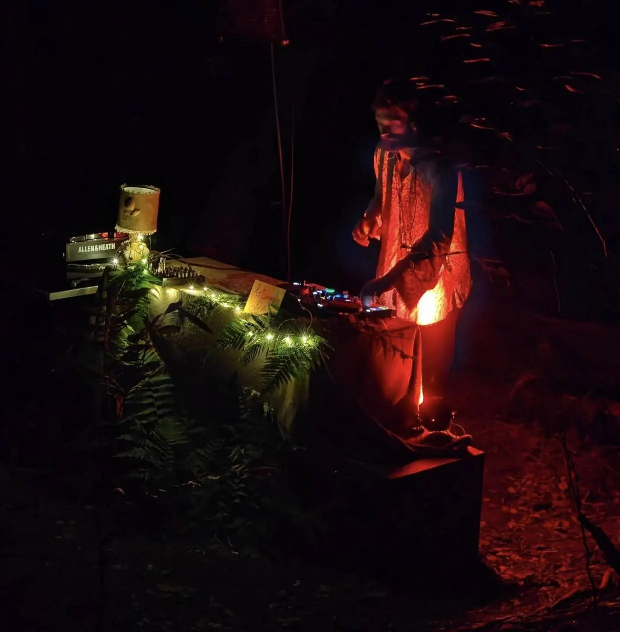 A DJ booth lit in red among ferns at night
